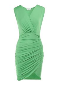 Born2be - Zielona Sukienka Thibaud. Okazja: na randkę. Kolor: zielony. Długość rękawa: bez rękawów. Wzór: aplikacja. Typ sukienki: kopertowe. Długość: mini #4