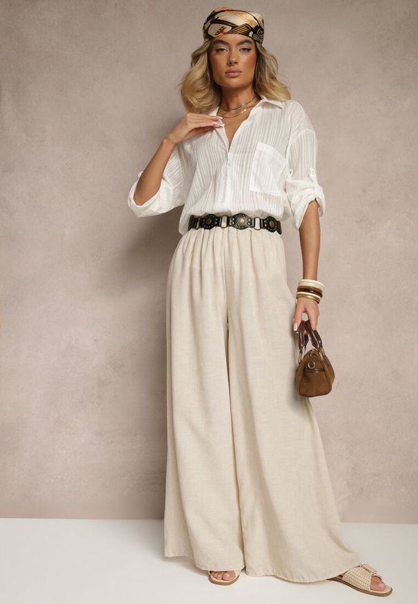 Renee - Biała Koszula w Paski z Bawełny z Jedną Kieszonką Liasene. Okazja: na co dzień. Typ kołnierza: kołnierzyk klasyczny. Kolor: biały. Materiał: bawełna. Długość rękawa: długi rękaw. Długość: długie. Wzór: paski. Styl: elegancki, casual, klasyczny