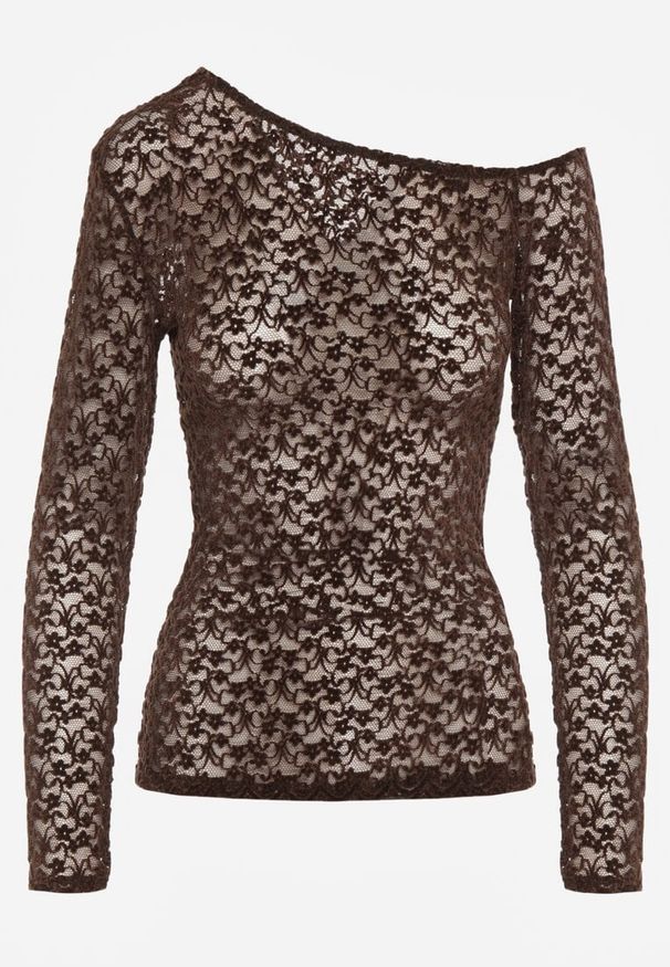 Renee - Brązowa Bluzka Longsleeve z Koronki z Asymetrycznym Dekoltem Liwedisa. Okazja: na imprezę, na randkę. Kolor: brązowy. Materiał: koronka. Długość rękawa: długi rękaw. Długość: długie. Wzór: koronka