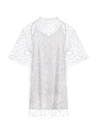 T-DRESS - Biała sukienka oversize STONES SPLASH. Kolor: biały. Długość rękawa: na ramiączkach. Wzór: aplikacja. Typ sukienki: oversize. Długość: mini #1