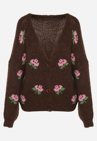 Born2be - Brązowy Kardigan Oversize z Domieszką Wełny w Kwiatowy Wzór Nelenea. Okazja: na co dzień. Typ kołnierza: dekolt w serek. Kolor: brązowy. Materiał: wełna. Wzór: kwiaty. Styl: casual #2