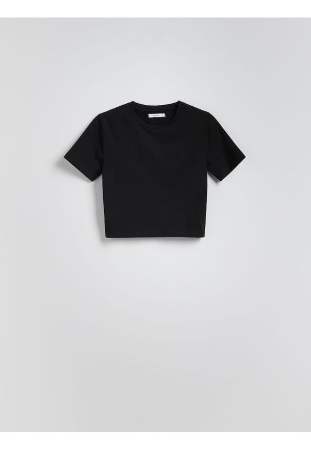 Reserved - Bawełniany crop top - czarny. Kolor: czarny. Materiał: bawełna. Długość: krótkie