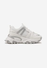 Renee - Białe Sznurowane Sneakersy na Grubej Podeszwie ze Wstawkami i Brokatem Widgeta. Kolor: biały #3