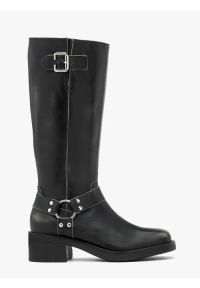 Ryłko - Czarne kozaki biker boots ze skóry licowej. Okazja: na co dzień. Zapięcie: zamek. Kolor: szary. Materiał: skóra. Szerokość cholewki: normalna. Obcas: na obcasie. Styl: casual, street, rockowy. Wysokość obcasa: średni #1