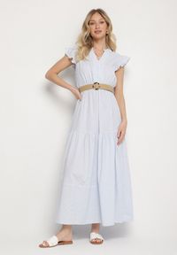 Born2be - Jasnoniebieska Bawełniana Sukienka Boho o Rozkloszowanym Kroju z Paskiem z Klamrą Iffalisse. Okazja: na spacer. Kolor: niebieski. Materiał: bawełna. Wzór: aplikacja. Typ sukienki: rozkloszowane. Styl: boho #3