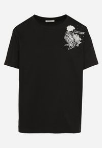 Born2be - Czarny T-shirt z Bawełny Zdobiony Nadrukiem z Cyrkoniami Telerea. Okazja: na co dzień. Kolor: czarny. Materiał: bawełna. Wzór: aplikacja, nadruk. Styl: klasyczny, elegancki, casual #5
