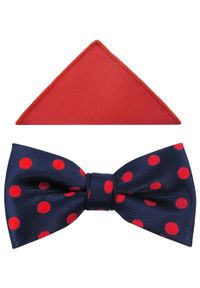 Modini - Granatowa mucha męska w czerwone kropki A217. Kolor: wielokolorowy, czerwony, niebieski. Materiał: poliester, tkanina. Wzór: kropki. Styl: elegancki #1