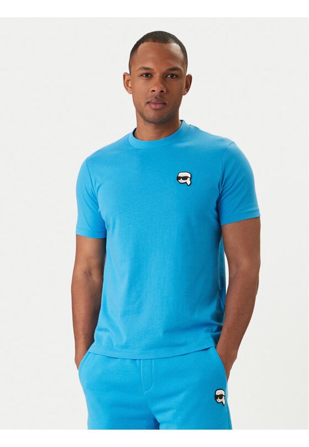 Karl Lagerfeld - KARL LAGERFELD T-Shirt 755710 562224 Niebieski Regular Fit. Typ kołnierza: dekolt w karo. Kolor: niebieski. Materiał: bawełna