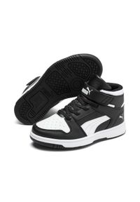 Buty do chodzenia dla dzieci Puma Rebound Layup SL V PS. Wysokość cholewki: za kostkę. Zapięcie: rzepy. Kolor: biały, wielokolorowy, czarny. Materiał: materiał, syntetyk. Szerokość cholewki: normalna. Sport: turystyka piesza