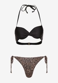 Renee - Czarno-Beżowe Wiązane Bikini Biustonosz Halter i Majtki Figi Savadine. Kolor: czarny. Wzór: aplikacja