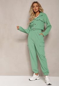 Renee - Zielony Komplet Dresowy Utility Krótka Bluza z Kołnierzem i Spodnie Joggery z Kieszeniami Cargo Literria. Kolor: zielony. Materiał: dresówka #4