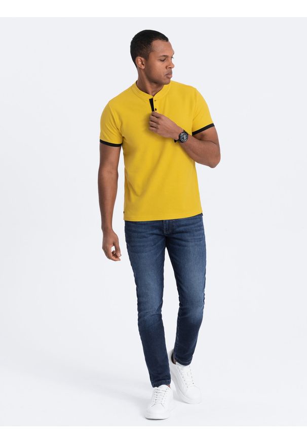 Ombre Clothing - Męska koszulka polo bez kołnierzyka - żółta V9 OM-TSCT-0156 - XXL. Typ kołnierza: bez kołnierzyka, polo. Kolor: żółty. Materiał: bawełna. Długość: długie