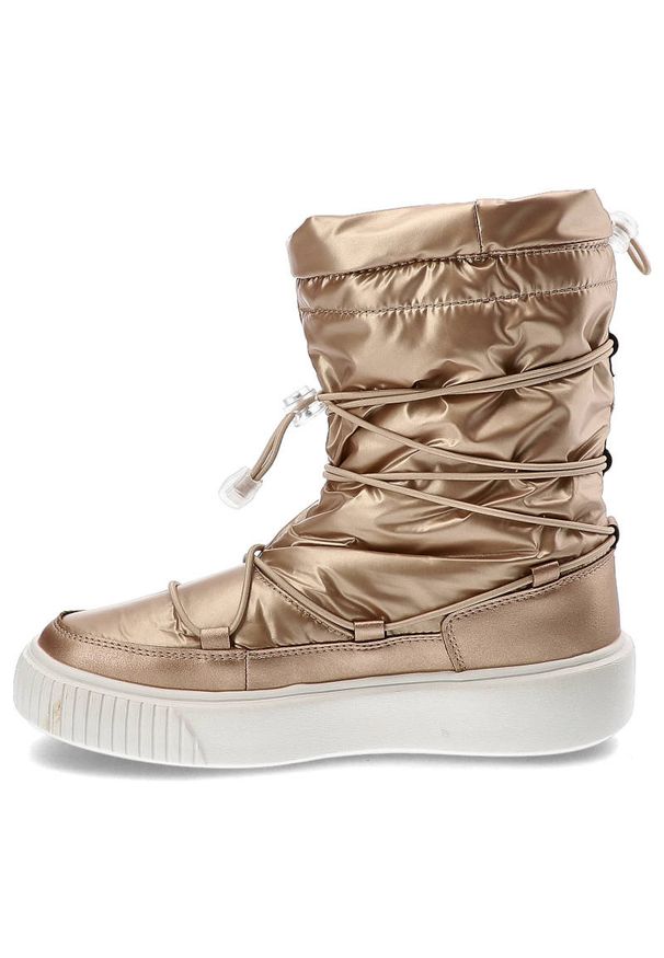 Big-Star - Śniegowce damskie Big Star, z połączenia materiału tekstylnego i syntetycznego z pikowaną metaliczną cholewką regulowanym sznurowaniem, beżowe, KK274. Zapięcie: bez zapięcia. Kolor: beżowy. Materiał: syntetyk, materiał. Szerokość cholewki: normalna. Obcas: na platformie