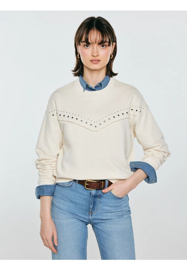 Big-Star - Bluza damska z linii Authentic perłowa Frolia 103. Okazja: na co dzień. Kolor: kremowy. Materiał: dzianina, skóra, materiał. Długość rękawa: długi rękaw. Długość: długie. Wzór: aplikacja, ze splotem. Styl: casual, elegancki, klasyczny