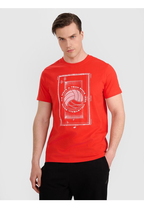 4f - 4F T-shirt regular z nadrukiem siatkarskim męski - czerwony M. Okazja: na co dzień, do domu. Kolor: czerwony. Materiał: bawełna, materiał, jersey. Wzór: nadruk. Styl: klasyczny, casual, sportowy