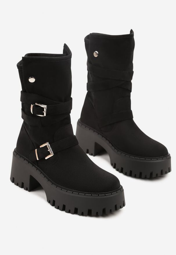Born2be - Czarne Botki Workery na Grubej Podeszwie i Obcasie z Klamrami Tulanira. Okazja: na co dzień. Zapięcie: klamry. Kolor: czarny. Materiał: jeans, skóra. Obcas: na obcasie. Styl: casual, klasyczny, elegancki. Wysokość obcasa: średni