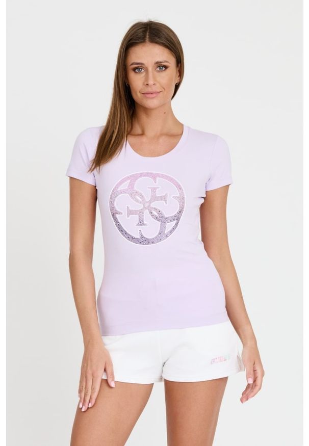 Guess - GUESS Lawendowy damski t-shirt 4G LOGO TEE, Rozmiar M. Kolor: fioletowy