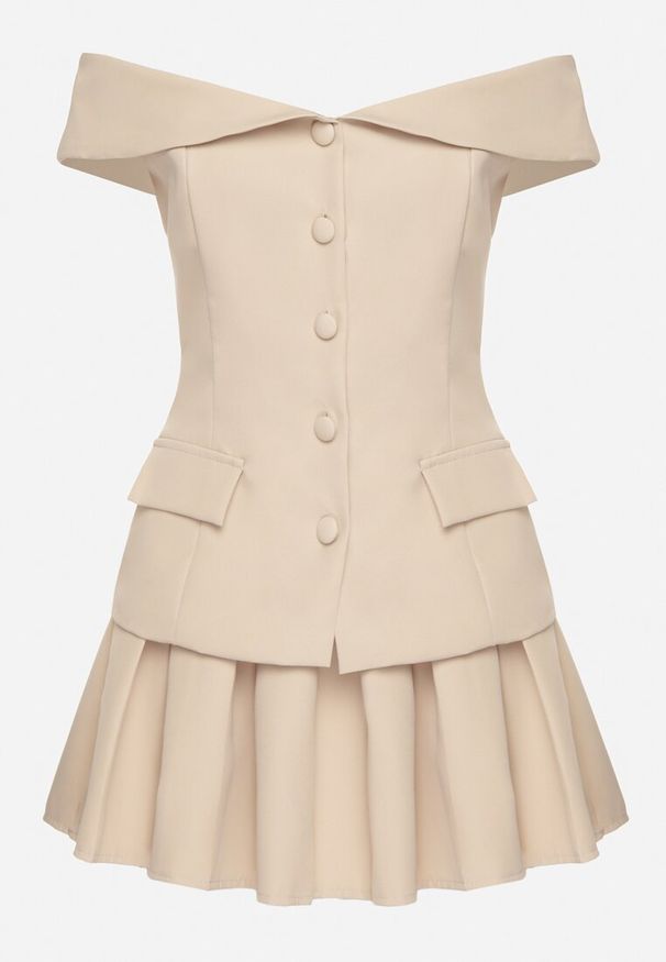 Born2be - Beżowy Komplet Spódnica i Bluzka Hiszpanka z Guzikami i Imitacją Kieszeni Salendrea. Kolor: beżowy. Materiał: jeans