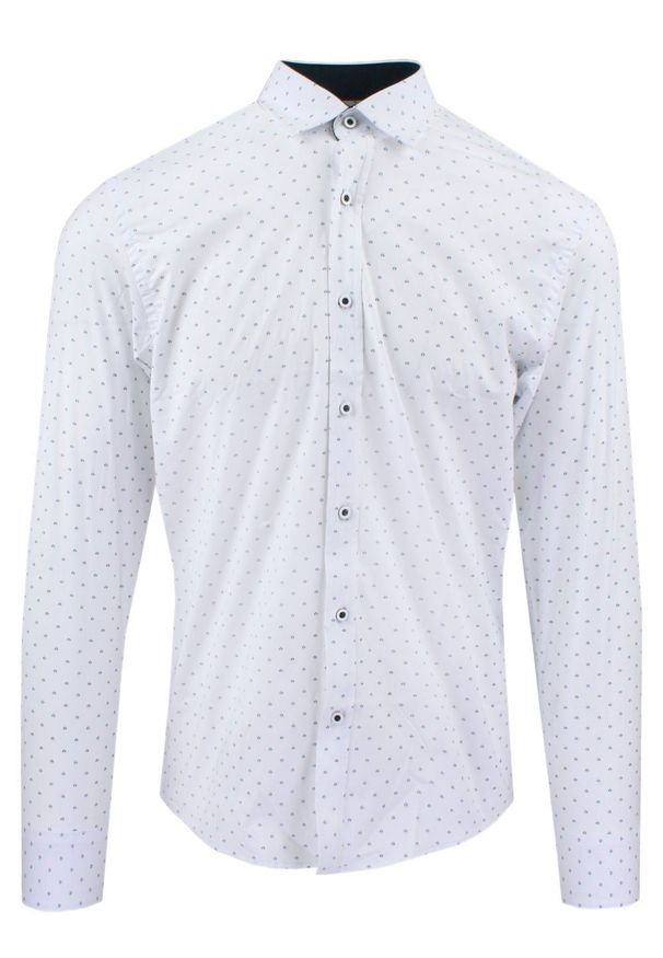 Męska Koszula, Taliowana (Slim Fit) - Rigon - Biała w Drobny Wzór. Okazja: do pracy, na spotkanie biznesowe. Kolor: biały. Materiał: bawełna, poliester, elastan. Długość rękawa: długi rękaw. Długość: długie. Styl: wizytowy, elegancki, biznesowy
