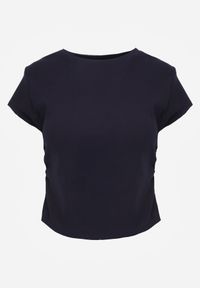 Born2be - Granatowy Bawełniany T-shirt w Prążki o Dopasowanym Kroju z Marszczeniem Cherita. Okazja: na co dzień. Kolor: niebieski. Materiał: bawełna. Wzór: prążki. Styl: casual, sportowy #6