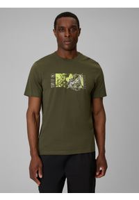 4f - 4F T-shirt regular z nadrukiem męski - khaki L. Okazja: na co dzień. Kolor: oliwkowy, brązowy, wielokolorowy. Materiał: dzianina, bawełna. Wzór: nadruk. Styl: casual #1