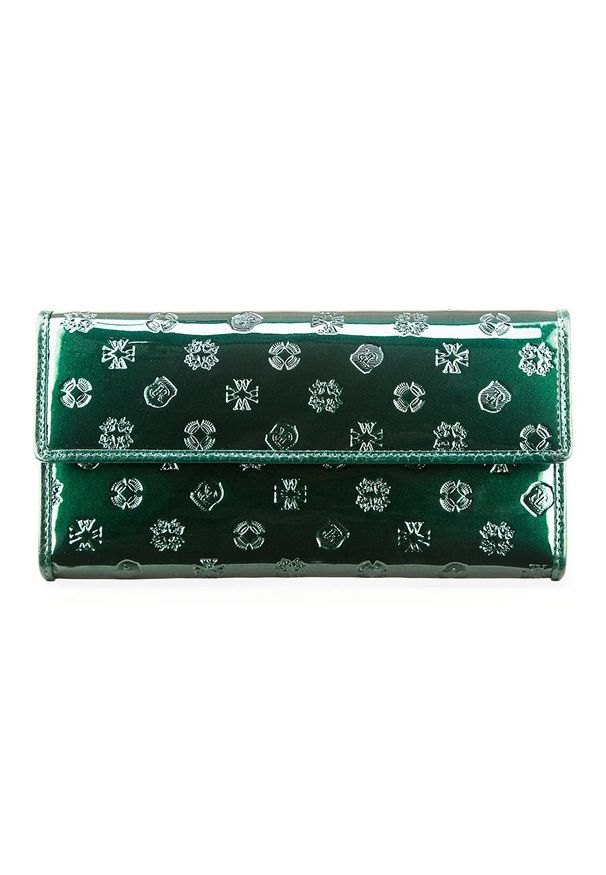 Wittchen - Damski portfel ze skóry lakierowany z monogramem. Kolor: zielony. Materiał: lakier, skóra. Wzór: aplikacja