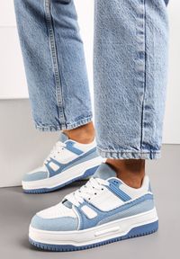 Renee - Niebieskie Sneakersy ze Wstawkami z Ekozamszu na Grubej Podeszwie Anecta. Kolor: niebieski. Materiał: jeans. Wzór: nadruk #1