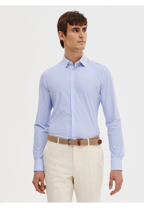 Pako Lorente - PAKO LORENTE - Dzianinowa koszula męska w prążek. Materiał: dzianina. Długość rękawa: długi rękaw. Długość: długie. Wzór: prążki. Sezon: wiosna