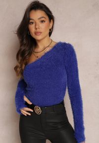 Renee - Granatowy Sweter na Jedno Ramię Pholy. Kolor: niebieski. Sezon: zima #1