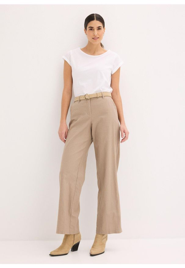 bonprix - Spodnie z mieszanki lnu i bawełny. Kolor: brązowy. Materiał: bawełna, len