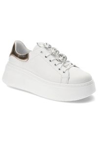DAMISS - Białe Sneakersy Damiss Modne Skórzane Buty. Okazja: na spacer. Kolor: biały. Materiał: skóra. Szerokość cholewki: normalna. Wzór: jednolity, aplikacja, kolorowy
