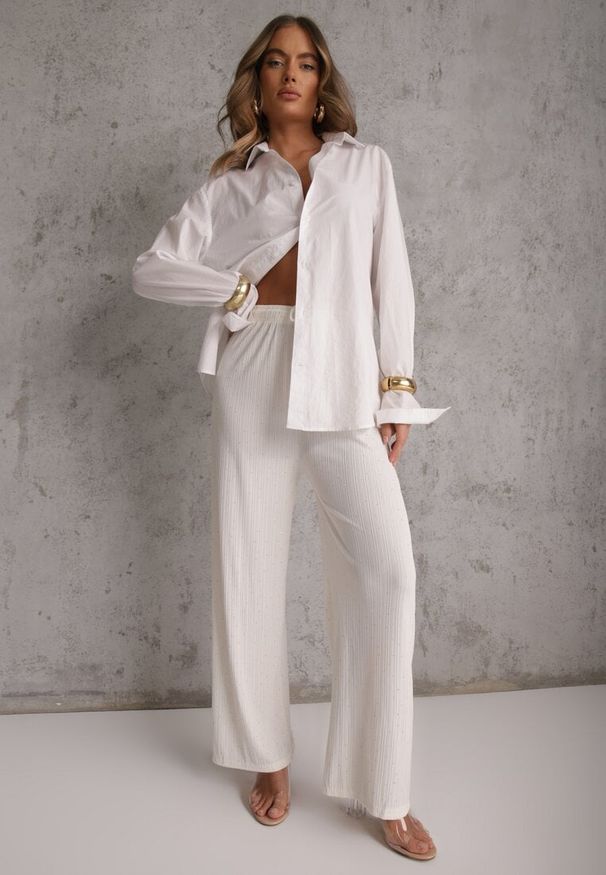 Renee - Białe Spodnie z Bawełną o Szerokim Kroju z Cyrkoniami Azirene. Okazja: na co dzień. Kolor: biały. Materiał: bawełna. Styl: casual