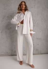 Renee - Białe Spodnie z Bawełną o Szerokim Kroju z Cyrkoniami Azirene. Okazja: na co dzień. Kolor: biały. Materiał: bawełna. Styl: casual #1