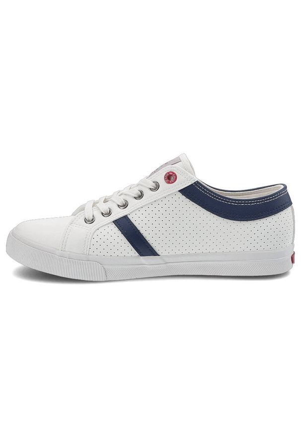 Białe Trampki Cross Jeans Męskie Stylowe Obuwie. Okazja: na spacer, na co dzień. Wysokość cholewki: przed kostkę. Kolor: biały. Materiał: materiał, syntetyk, skóra ekologiczna, guma. Szerokość cholewki: normalna. Wzór: aplikacja. Styl: elegancki