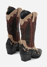 Born2be - Czarne Botki Typu Kowbojki na Stożkowym Obcasie z Tłoczonym Wzorem Badorella. Okazja: na co dzień. Kolor: czarny. Materiał: jeans. Obcas: na obcasie. Styl: casual, klasyczny. Wysokość obcasa: średni #3