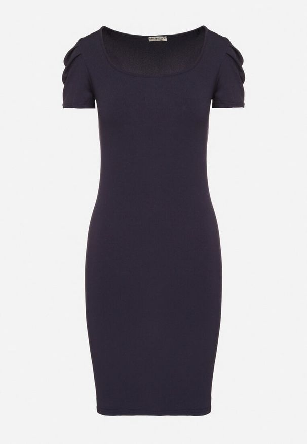 Born2be - Granatowa Sukienka o Dopasowanym Kroju z Bufiastymi Rękawami Aravitia. Okazja: na co dzień. Kolor: niebieski. Typ sukienki: dopasowane, proste. Styl: casual