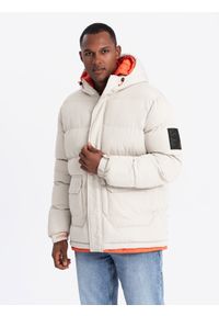 Ombre Clothing - Sportowa ciepła kurtka męska z podwójnym kapturem – jasny beżowy V1 - Rozmiar: XL. Kolor: szary. Materiał: syntetyk, tkanina, poliester, materiał. Długość: długie. Wzór: aplikacja, nadruk, napisy. Styl: sportowy