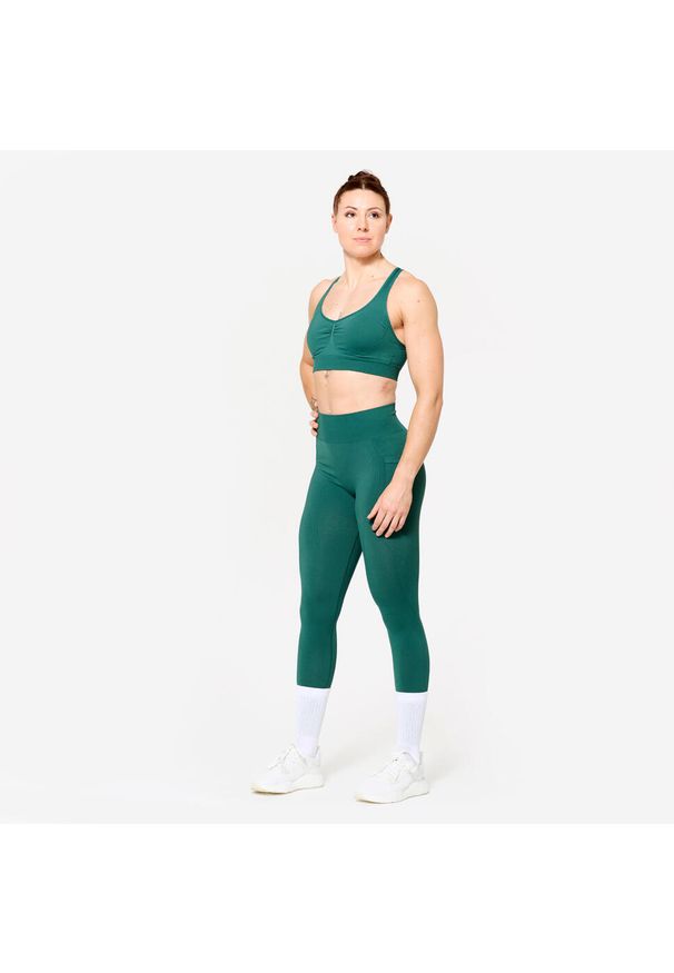 DOMYOS - Legginsy fitness damskie Domyos Push Up. Kolor: niebieski, zielony, wielokolorowy. Materiał: poliamid, elastan, materiał, poliester. Sport: fitness