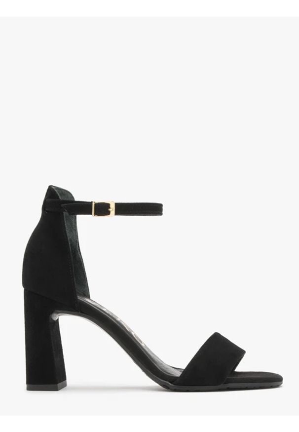 Ryłko - Czarne sandały w na obcasie. Kolor: czarny. Materiał: skóra, welur. Obcas: na obcasie. Styl: street. Wysokość obcasa: średni