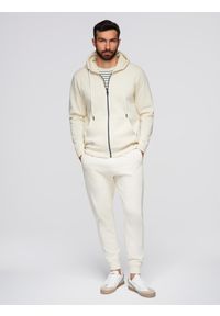 Ombre Clothing - Komplet dresowy męski set bluza rozpinana z kapturem + spodnie joggery - kremowy V11 - Rozmiar: M. Okazja: na co dzień, na spacer. Typ kołnierza: kaptur. Kolor: kremowy. Materiał: dresówka. Wzór: aplikacja. Styl: casual