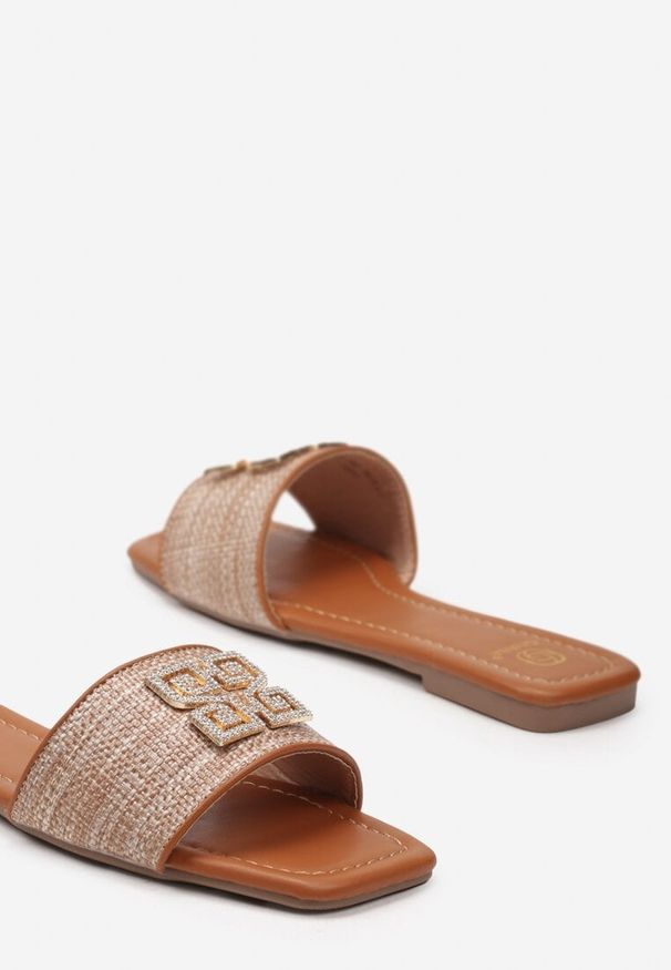 Born2be - Brązowe Klapki Płaskie z Paskiem Ozdobionym Klamrą z Cyrkoniami Heliosia. Okazja: na co dzień, na imprezę. Kolor: brązowy. Materiał: jedwab, jeans. Wzór: aplikacja. Styl: klasyczny, elegancki, casual