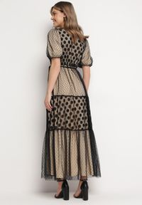 Born2be - Beżowo-Czarna Tiulowa Sukienka Maxi z Paskiem Falbankami i Bufiastymi Rękawami Zelari. Typ kołnierza: kołnierz z falbankami. Kolor: beżowy. Materiał: tiul. Długość: maxi #7