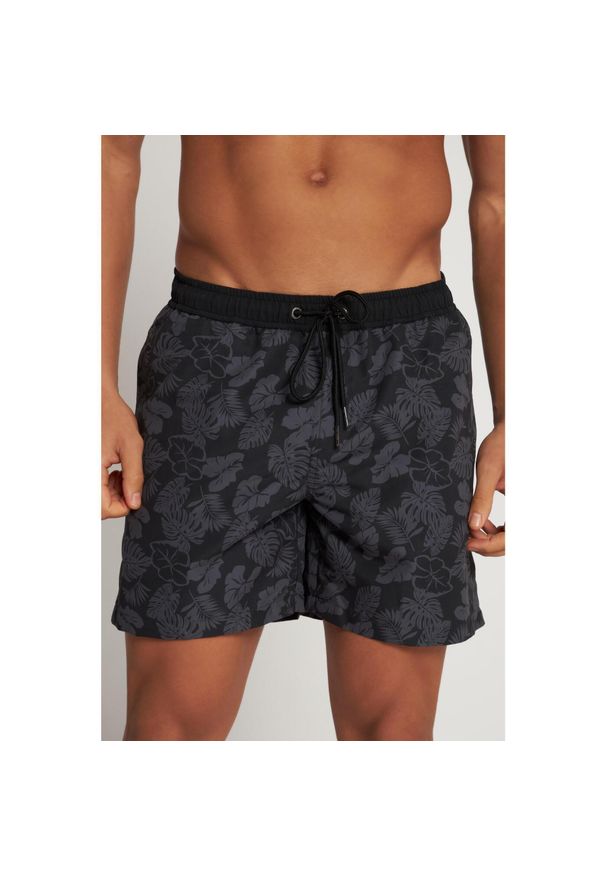 JAY-PI - Męskie Kąpielówki beachwear elastyczny pas nadruk roślinny. Kolekcja: plus size. Kolor: czarny. Materiał: poliester, materiał. Wzór: nadruk