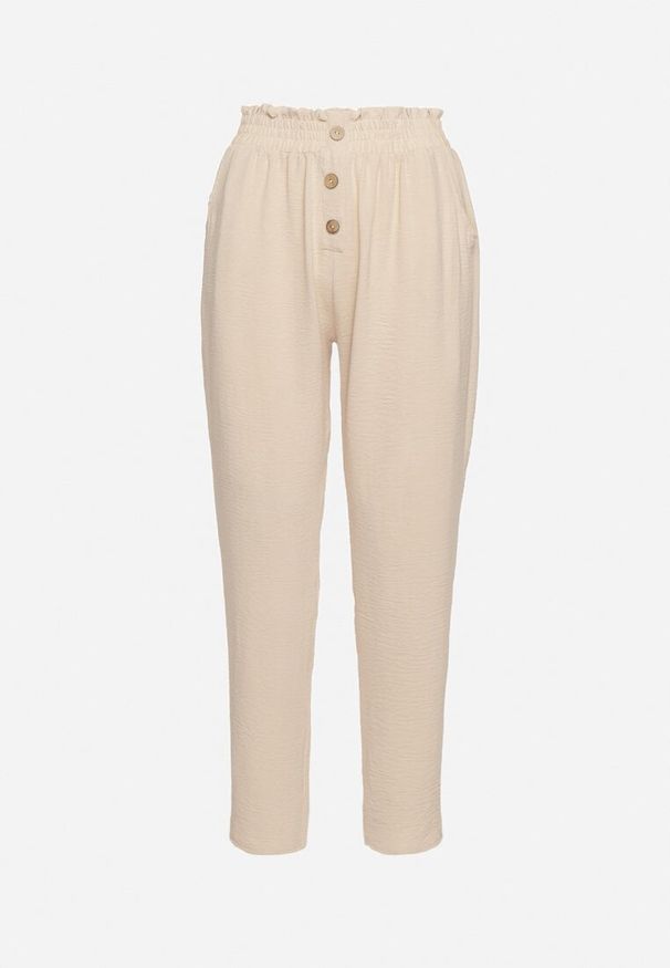 Born2be - Beżowe Spodnie z Wysoką Talią Typu Paper Bag z Gumką w Pasie Noravia. Okazja: na co dzień. Kolor: beżowy. Styl: elegancki, klasyczny, casual