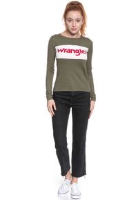 Wrangler - DAMSKI SWETER WRANGLER INTARISA KNIT DEEP LICHEN GRN W800SPW1X. Kolor: brązowy. Wzór: nadruk #4