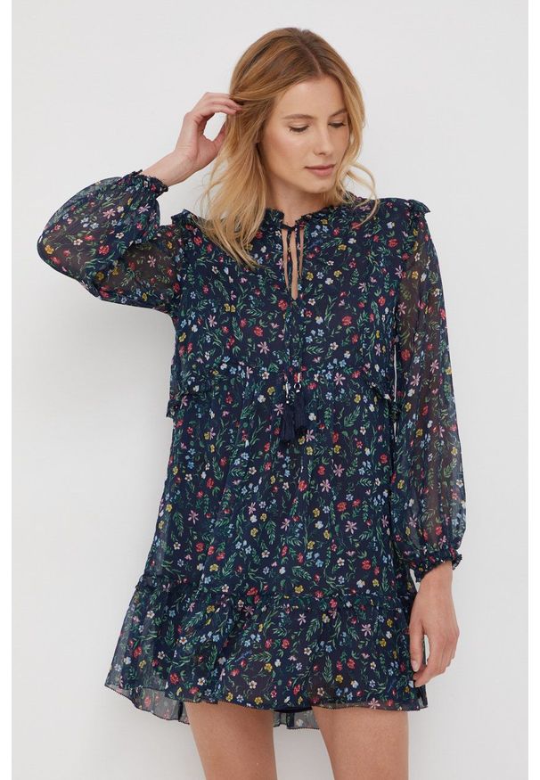 Pepe Jeans sukienka kolor granatowy mini rozkloszowana. Kolor: niebieski. Materiał: tkanina. Typ sukienki: rozkloszowane. Długość: mini