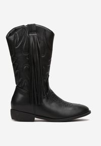 Born2be - Czarne Botki Kowbojki z Frędzlami Lilianeta. Okazja: na co dzień. Kolor: czarny. Materiał: jeans. Styl: klasyczny, casual, elegancki