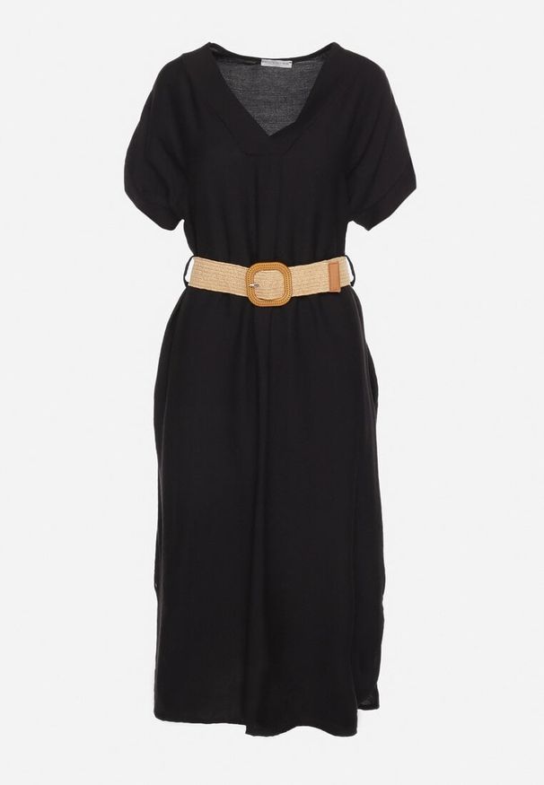 Born2be - Czarna Wiskozowa Sukienka z Paskiem Ozdobionym Plecionką i Klamrą Mlevena. Typ kołnierza: dekolt w kształcie V. Kolekcja: plus size. Kolor: czarny. Materiał: wiskoza. Długość rękawa: krótki rękaw. Wzór: aplikacja. Typ sukienki: dla puszystych. Styl: elegancki