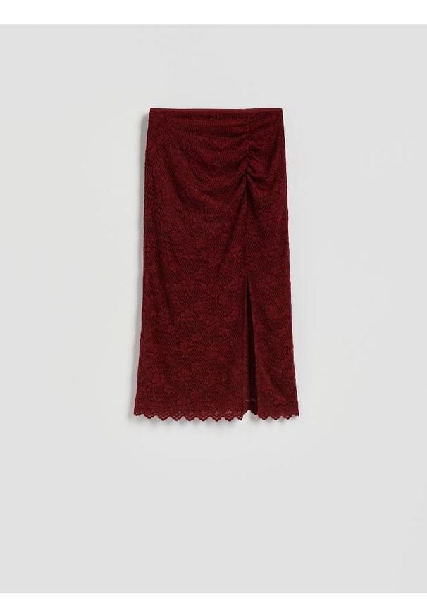 Reserved - Koronkowa spódnica midi - burgundowy. Kolor: czerwony. Materiał: koronka