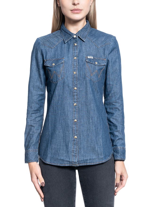 Wrangler - KOSZULA DAMSKA WRANGLER LS DENIM SHIRT DARK INDIGO W5Z12AX1E. Materiał: denim